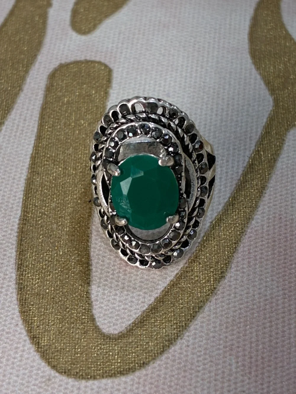 Green Oval Stone Silver Cocktail Ring